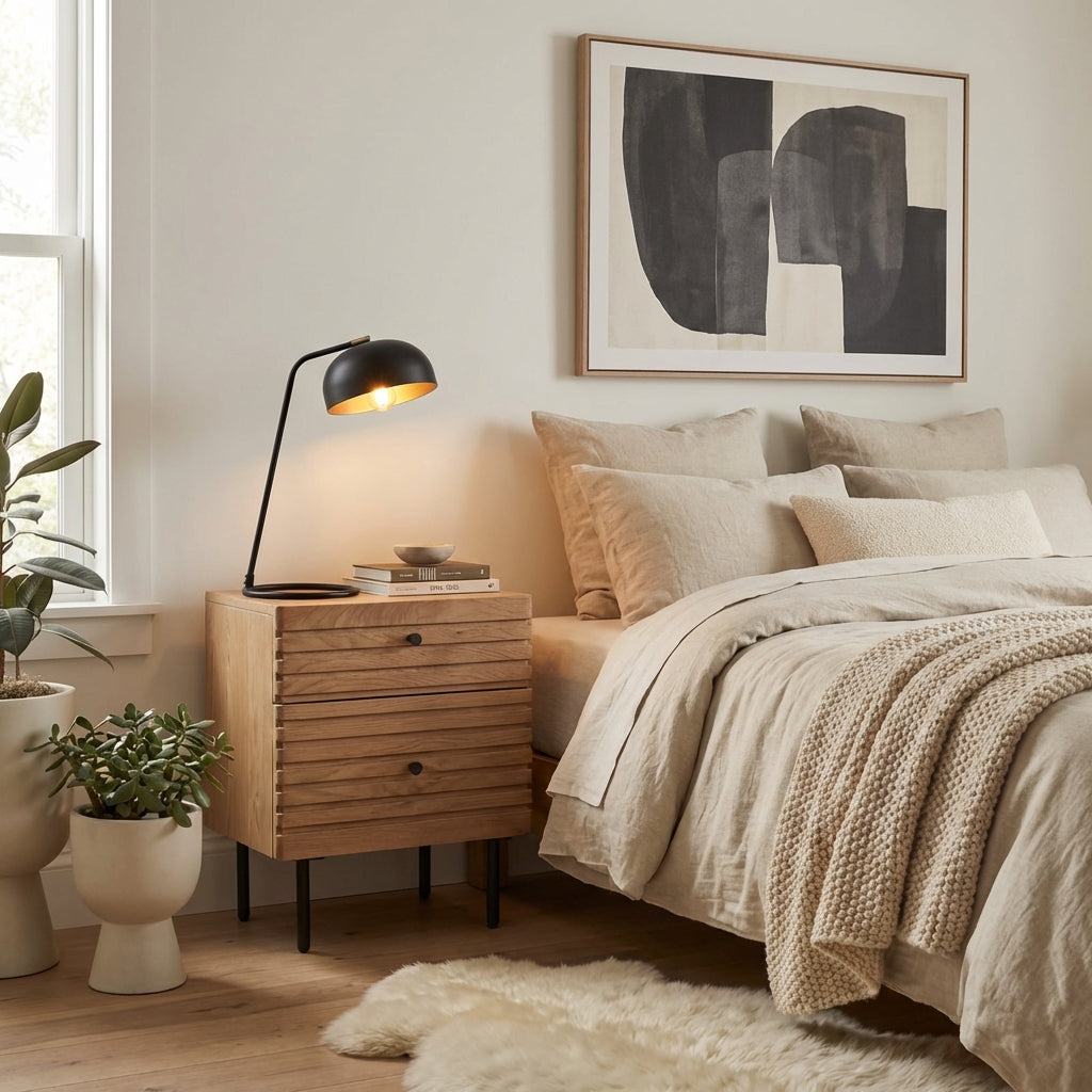 OKAYAMA 2 drawer Japandi style bedside table in natural oak finish