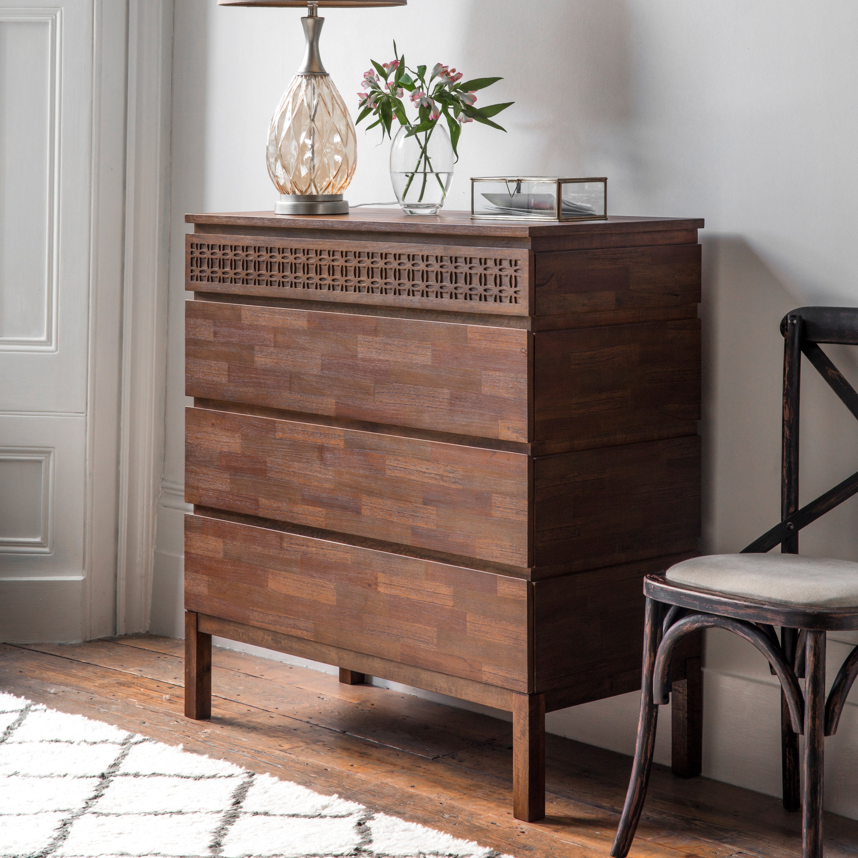 LAYLAH Brown 4 Drawer Chest of Drawers - detail and lifestyle view 2