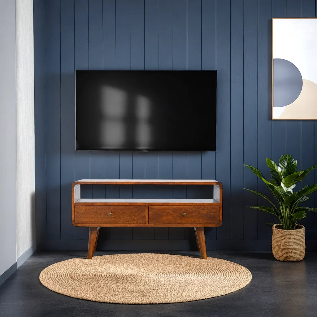 Century handmade wooden TV stand with 2 drawers in deep chestnut finish  | malletandplane.com