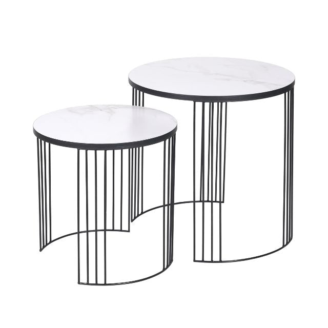 ALMA Side Tables (Set of 2) – Marble-Look Veneer & Black Metal Base | malletandplane.com