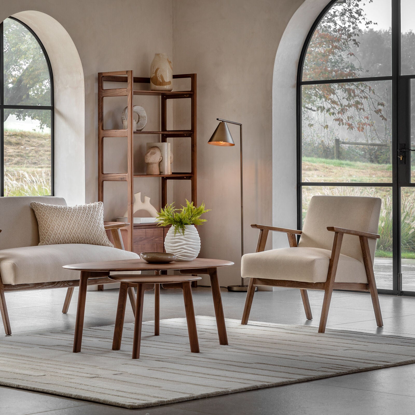 Barret mid century style armchair in natural linen upholstery and solid ash wood frame | malletandplane.com