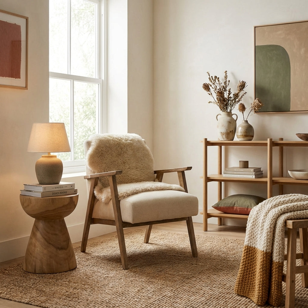 Barret mid century style armchair in natural linen upholstery and solid ash wood frame