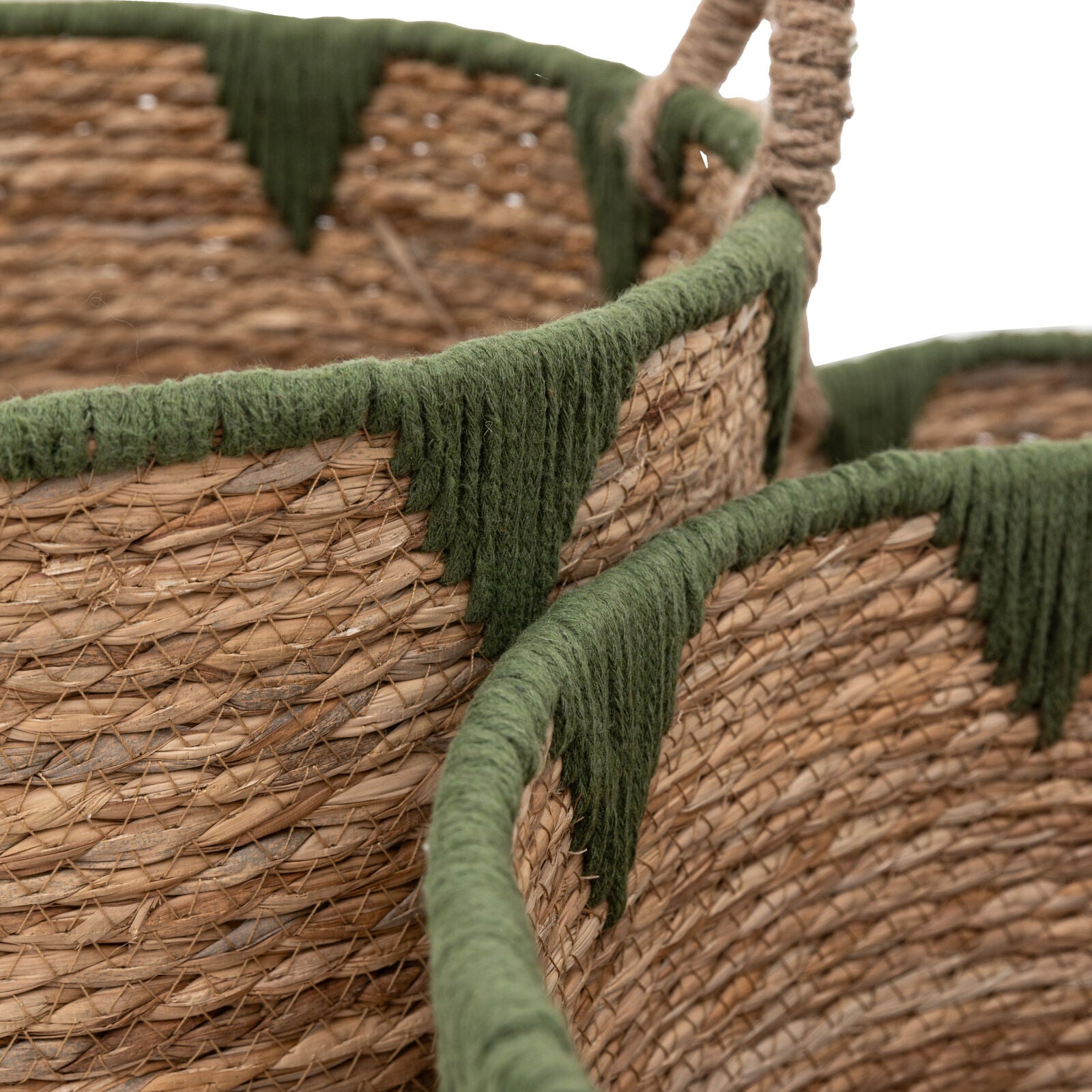 Basil set of 3 handwoven water hyacinth baskets with green stitched detailing | malletandplane.com