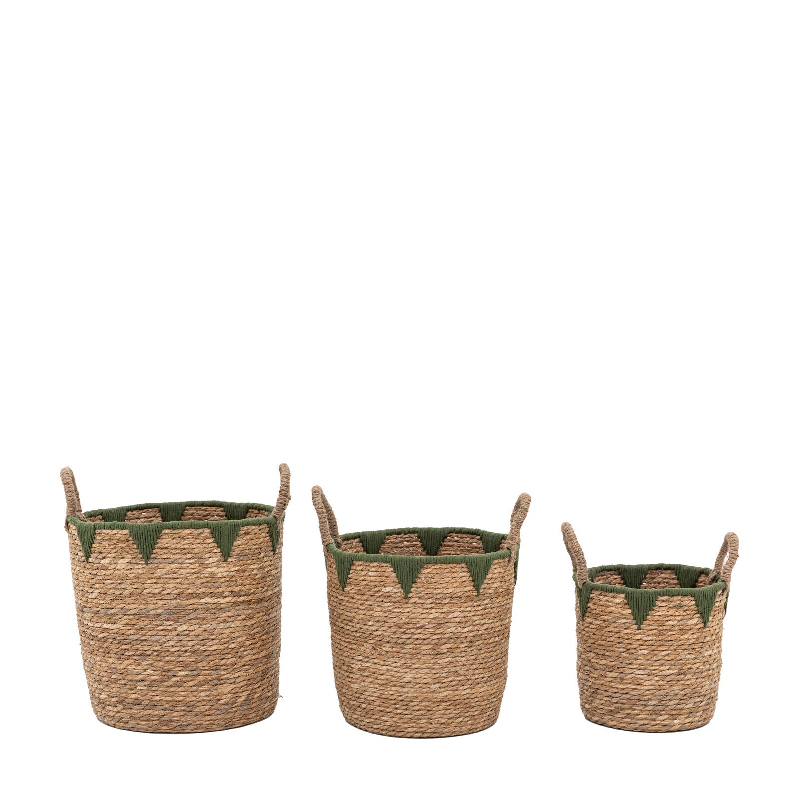 Basil set of 3 handwoven water hyacinth baskets with green stitched detailing | malletandplane.com