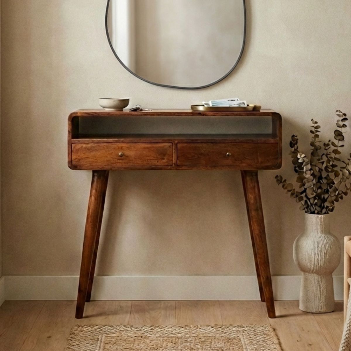 Century Handmade Solid Wood Curved Edge Slim Console Table with Drawers and an Open Storage Shelf in a Deep Chestnut Finish