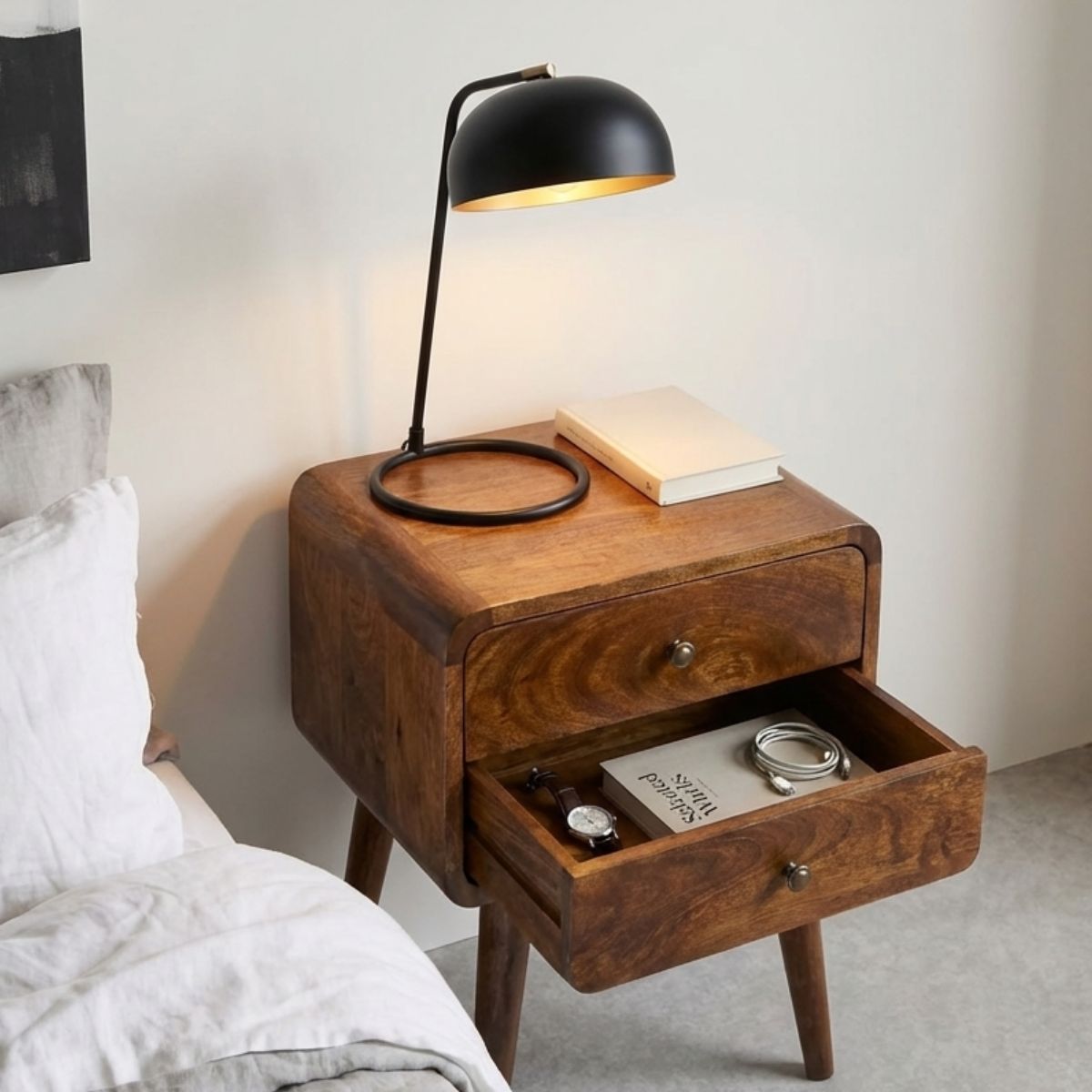 Century solid wood 45cm 2 drawer bedside table in deep chestnut finish