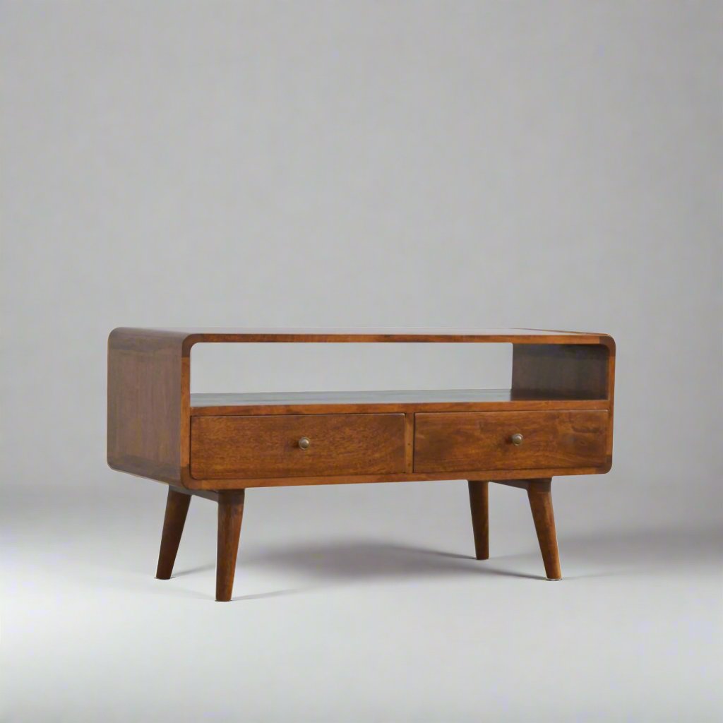 Century handmade wooden TV stand with 2 drawers in deep chestnut finish  | malletandplane.com