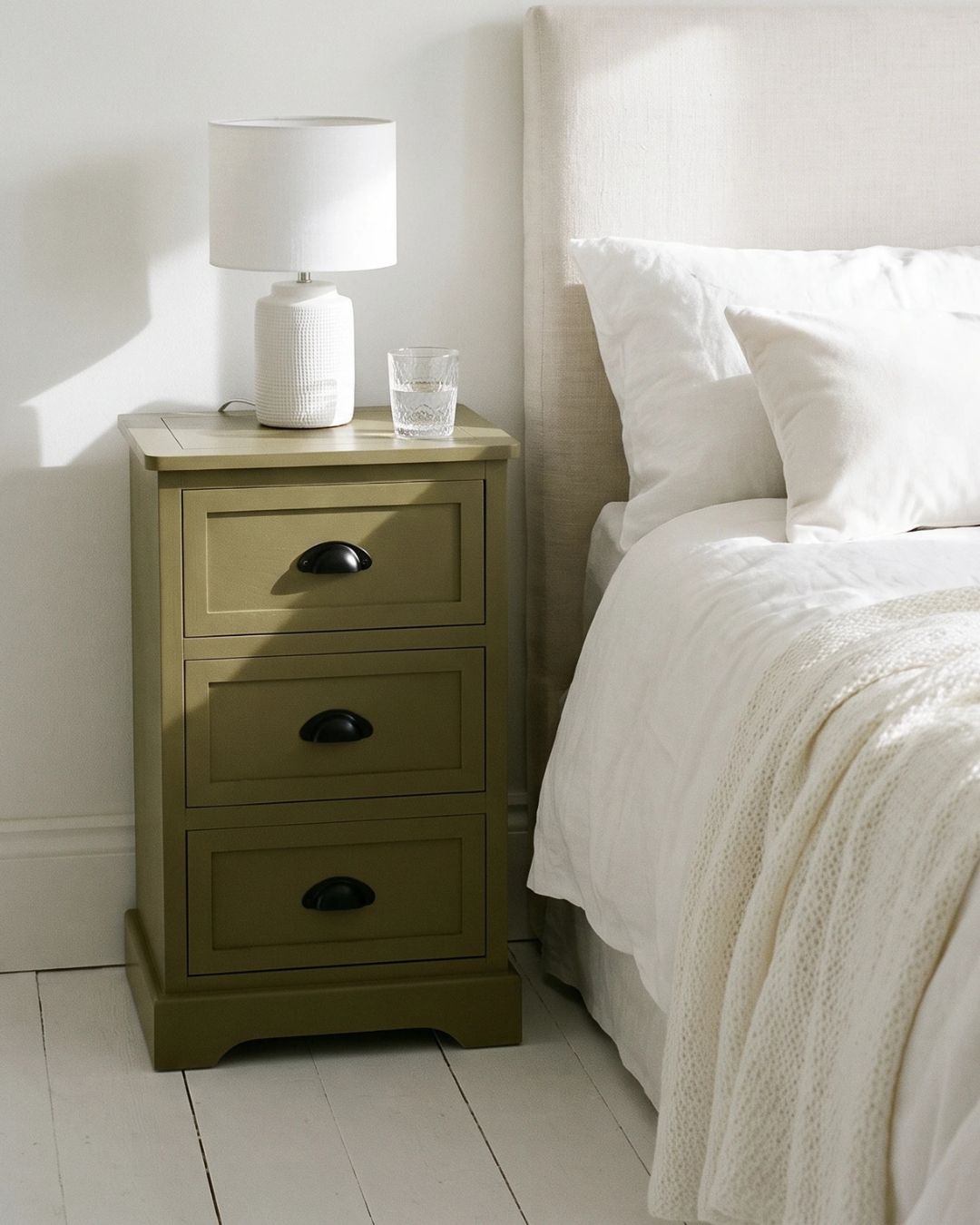 Croft Olive 3 Drawer 70cm Tall Bedside Table