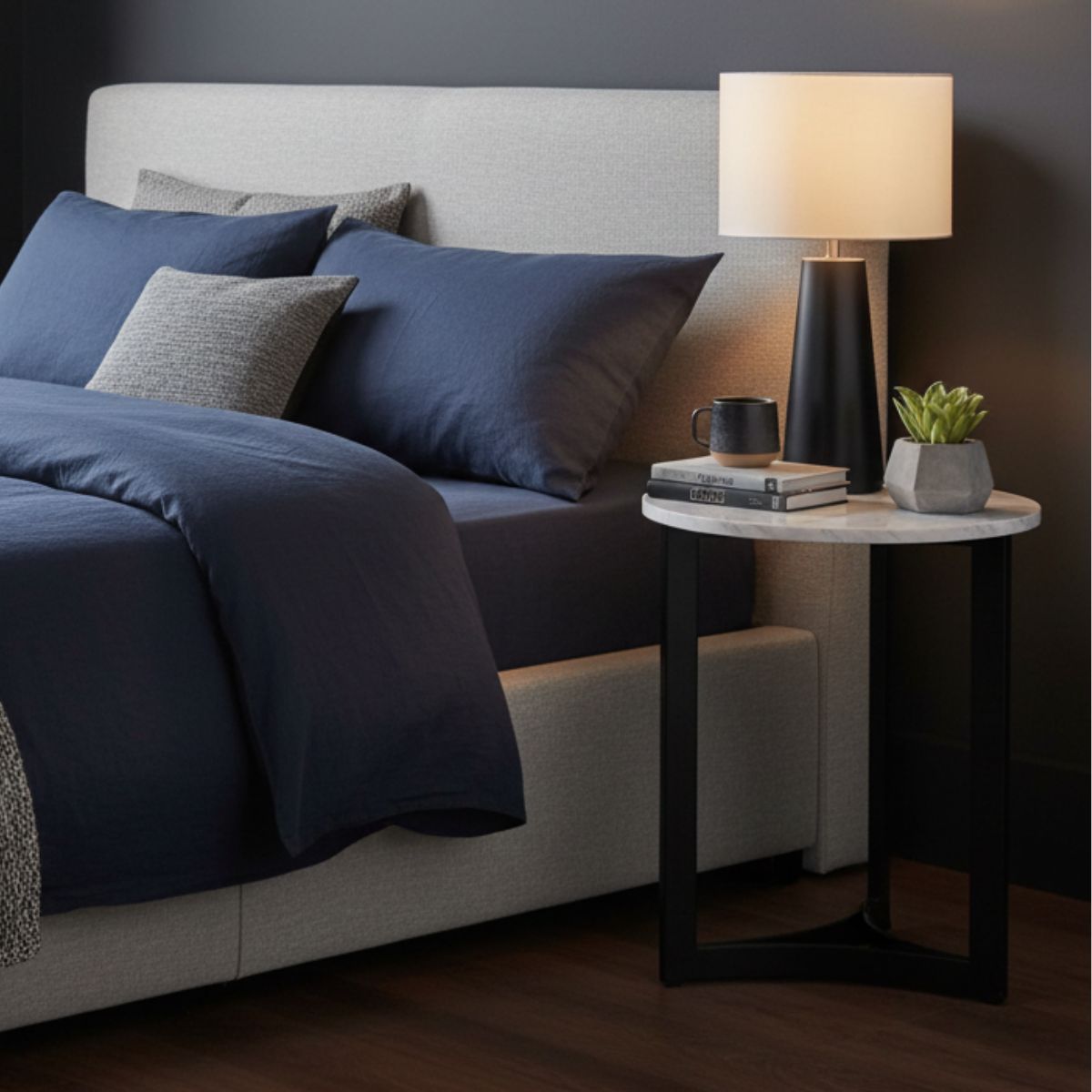 EINAR Side Table – White Marble Top & Curved Black Metal Frame