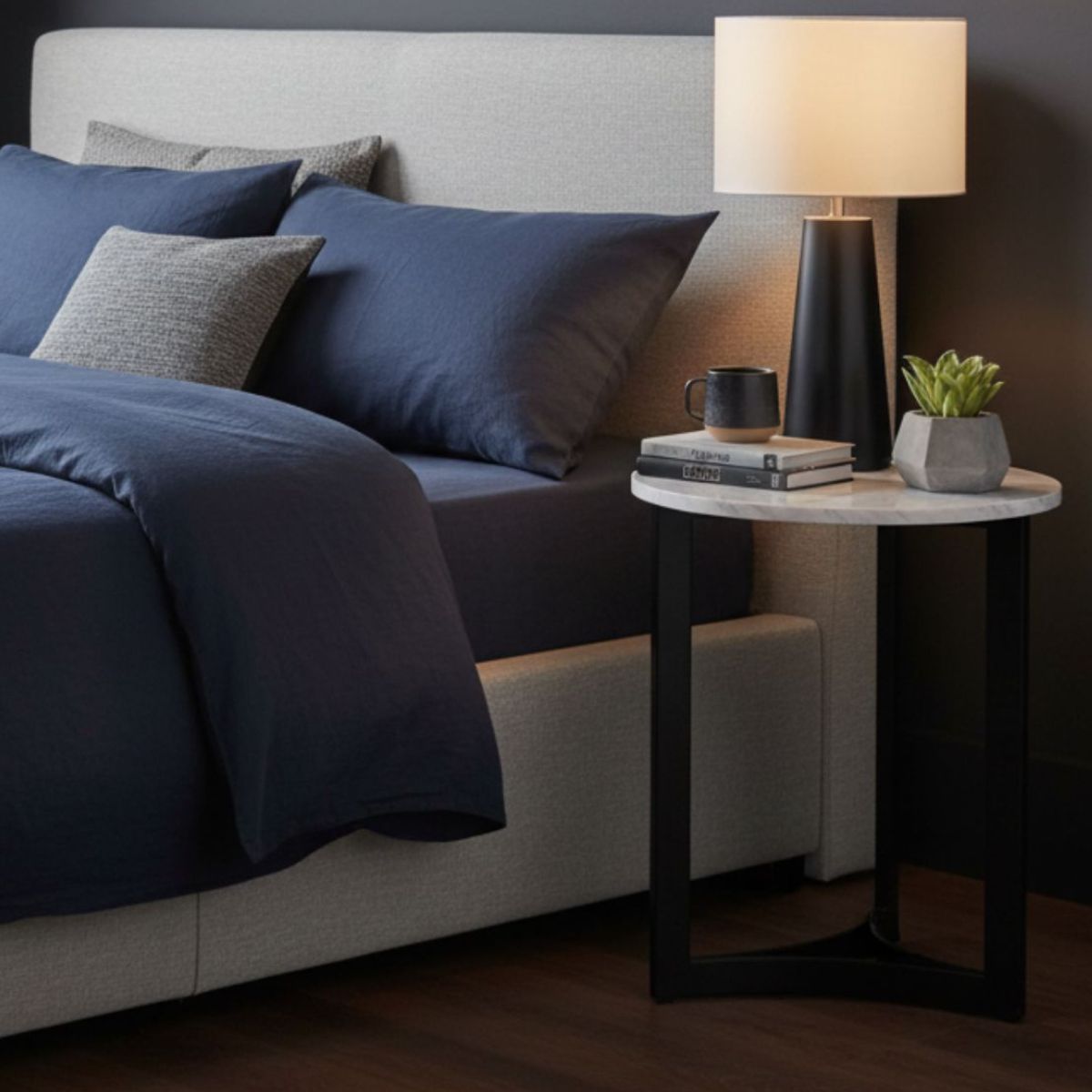 EINAR Side Table – White Marble Top & Curved Black Metal Frame