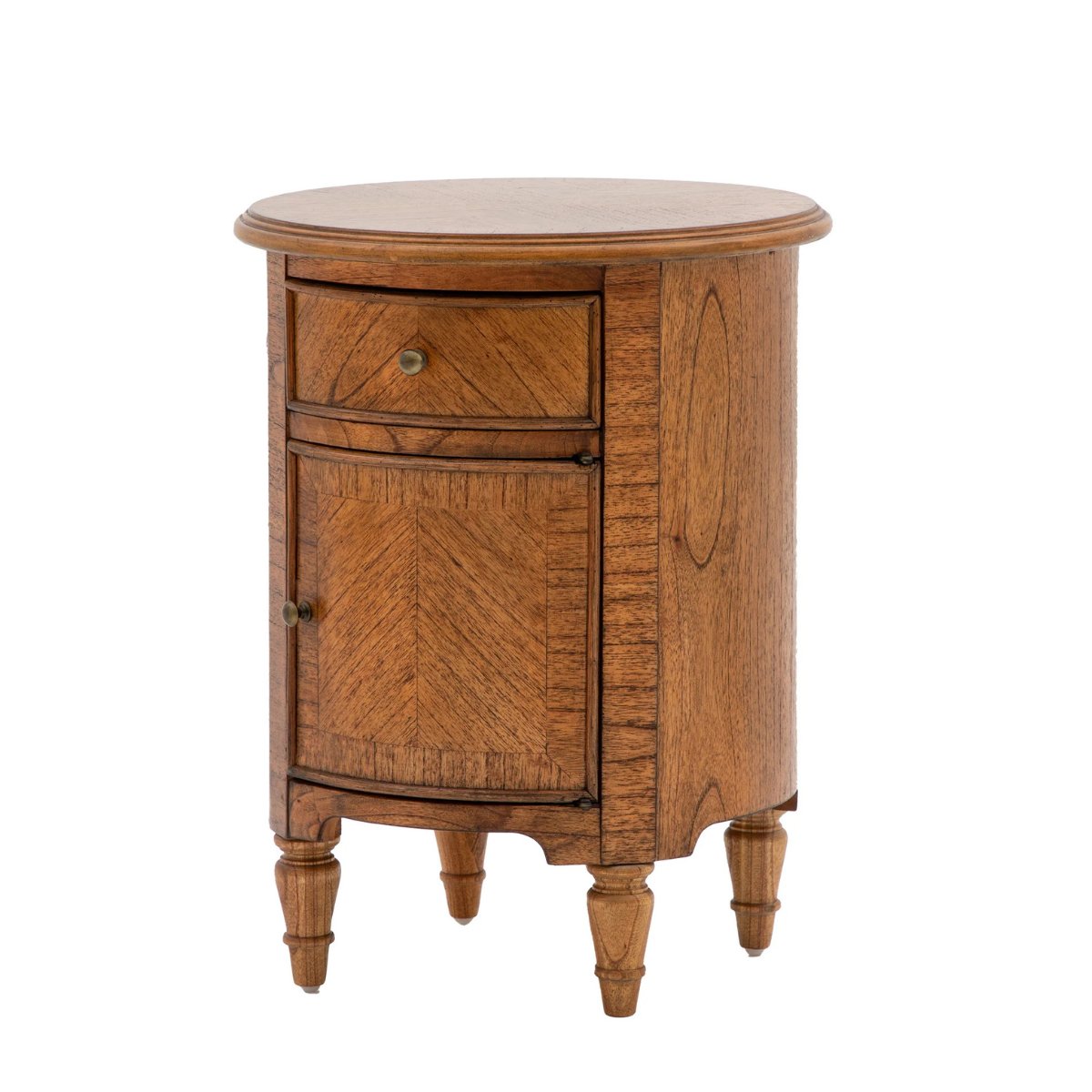 Round Wooden Bedside Table with Drawer & Cupboard and mini wood marquetry finish – 45cm – Elvet
