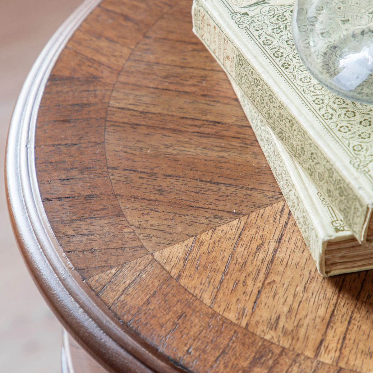 Round Wooden Bedside Table with Drawer & Cupboard and mini wood marquetry finish – 45cm – Elvet