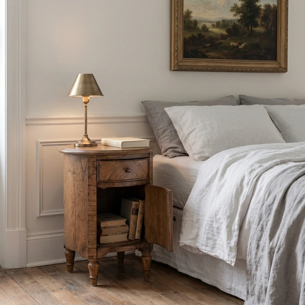 Round Wooden Bedside Table with Drawer & Cupboard and mini wood marquetry finish – 45cm – Elvet