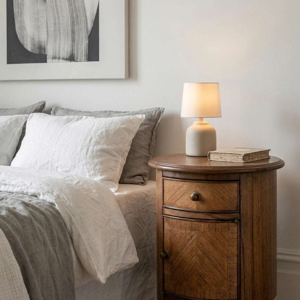 Round Wooden Bedside Table with Drawer & Cupboard and mini wood marquetry finish – 45cm – Elvet