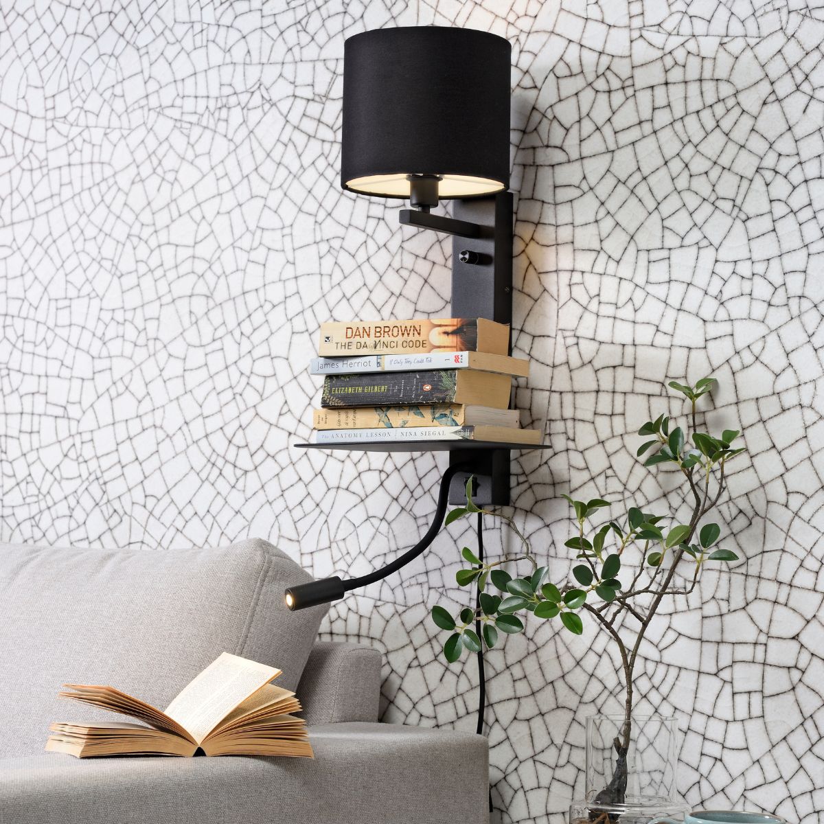 FLORENCE Black Wall Light with Shelf, USB Charging & Reading Light