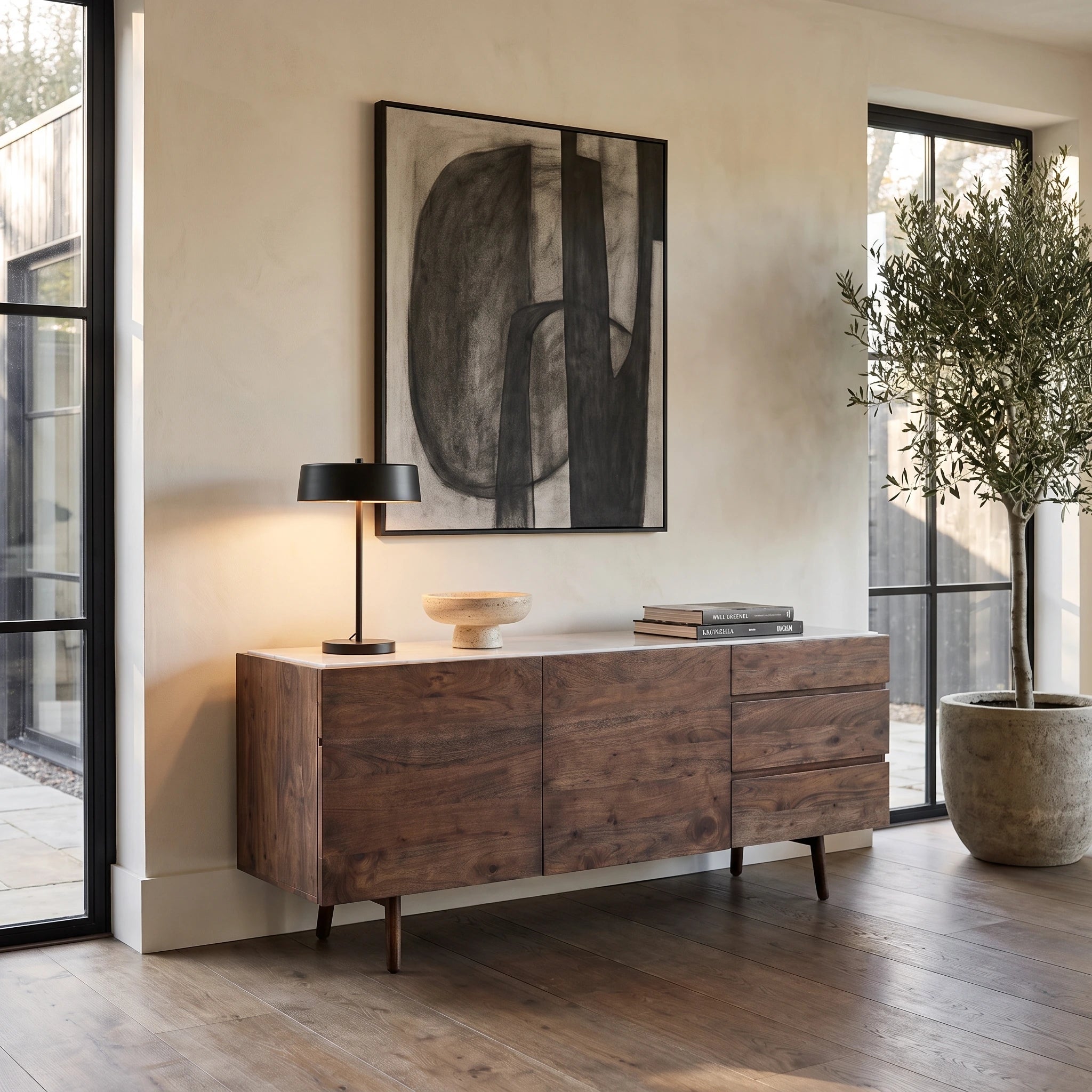 Fresca Mid Century Sideboard in Walnut with White Marble Top