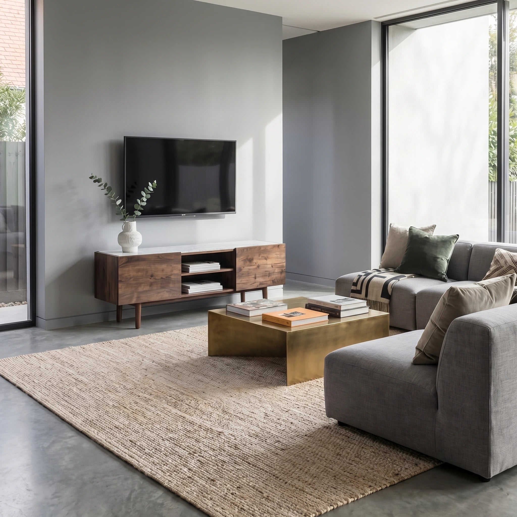 Fresca media unit / TV stand in walnut with white marble top