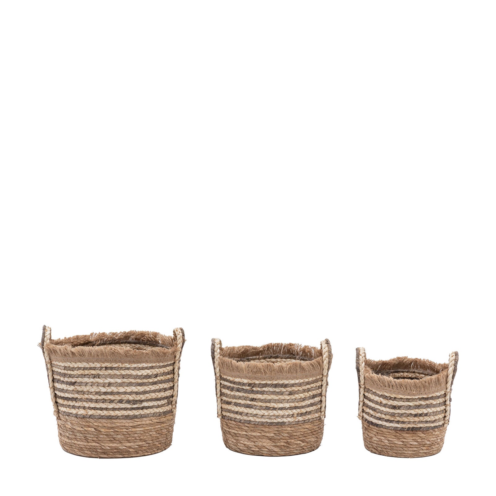 Fringe set of 3 handwoven baskets with stripe detail | malletandplane.com