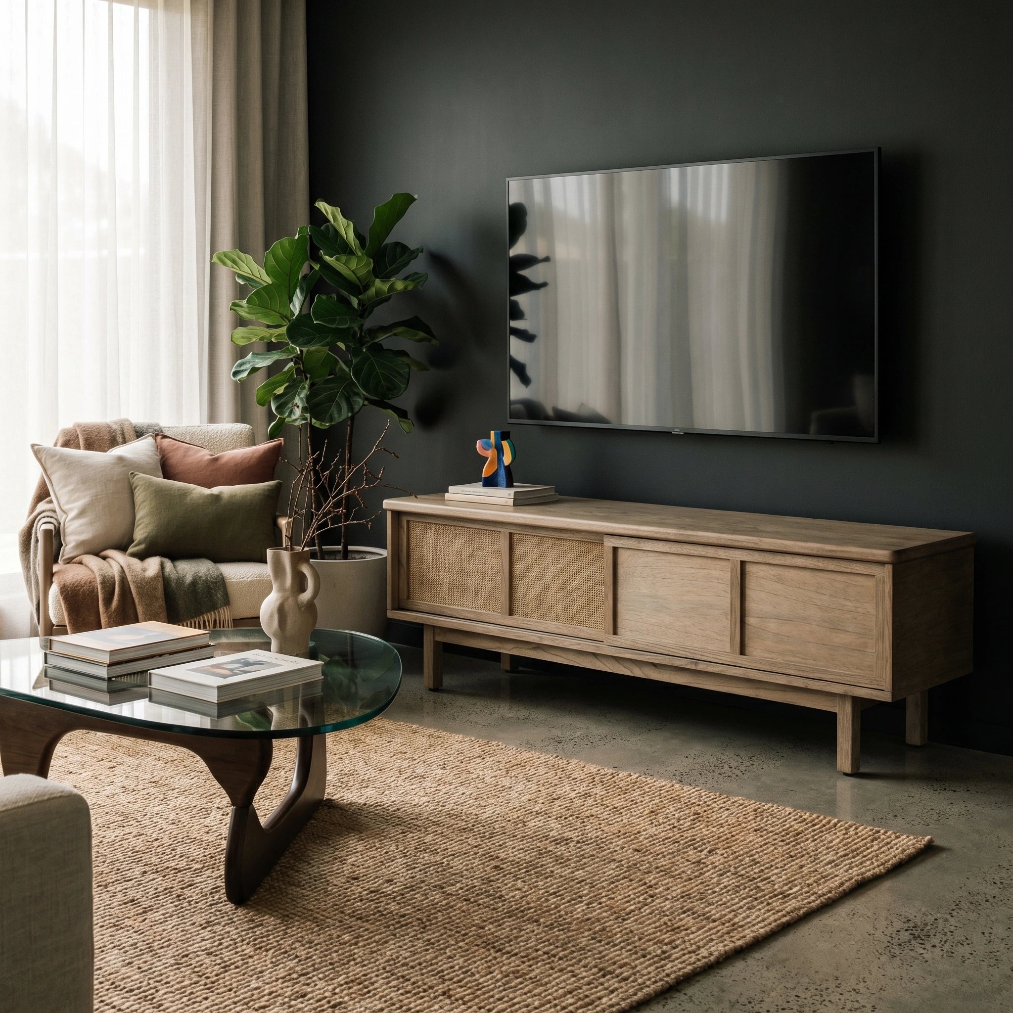 Haiku solid Mindi and Rattan Japandi Style Wood TV Stand