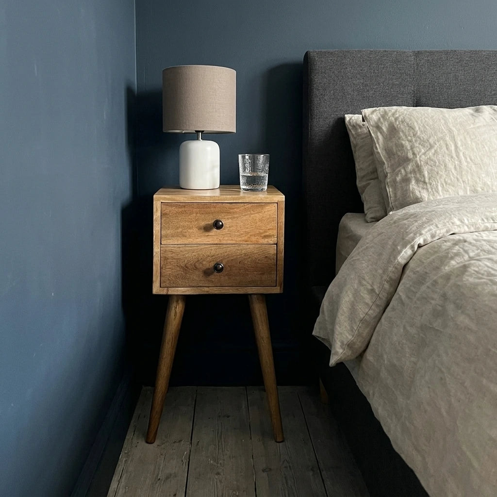 Joel handmade solid wood narrow bedside table with 2 drawers in natural finish