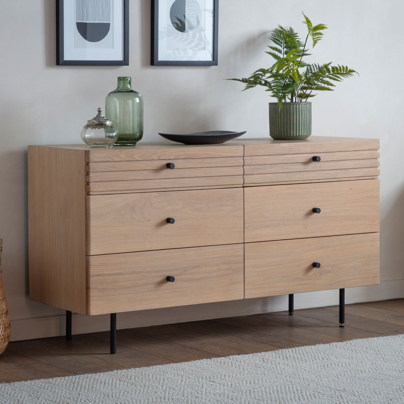 KORI natural oak chest of 6 Drawers with black metal legs and handles | malletandplane.com