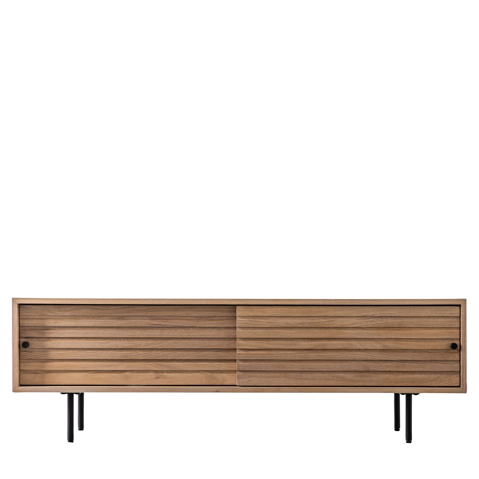 Kori oak and steel media unit with sliding doors and Japandi slatted detailing | malletandplane.com
