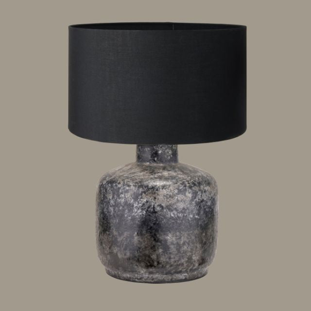 LOKI Volcanic-Effect Grey Stoneware Table Lamp – 30cm Black Shade | malletandplane.com