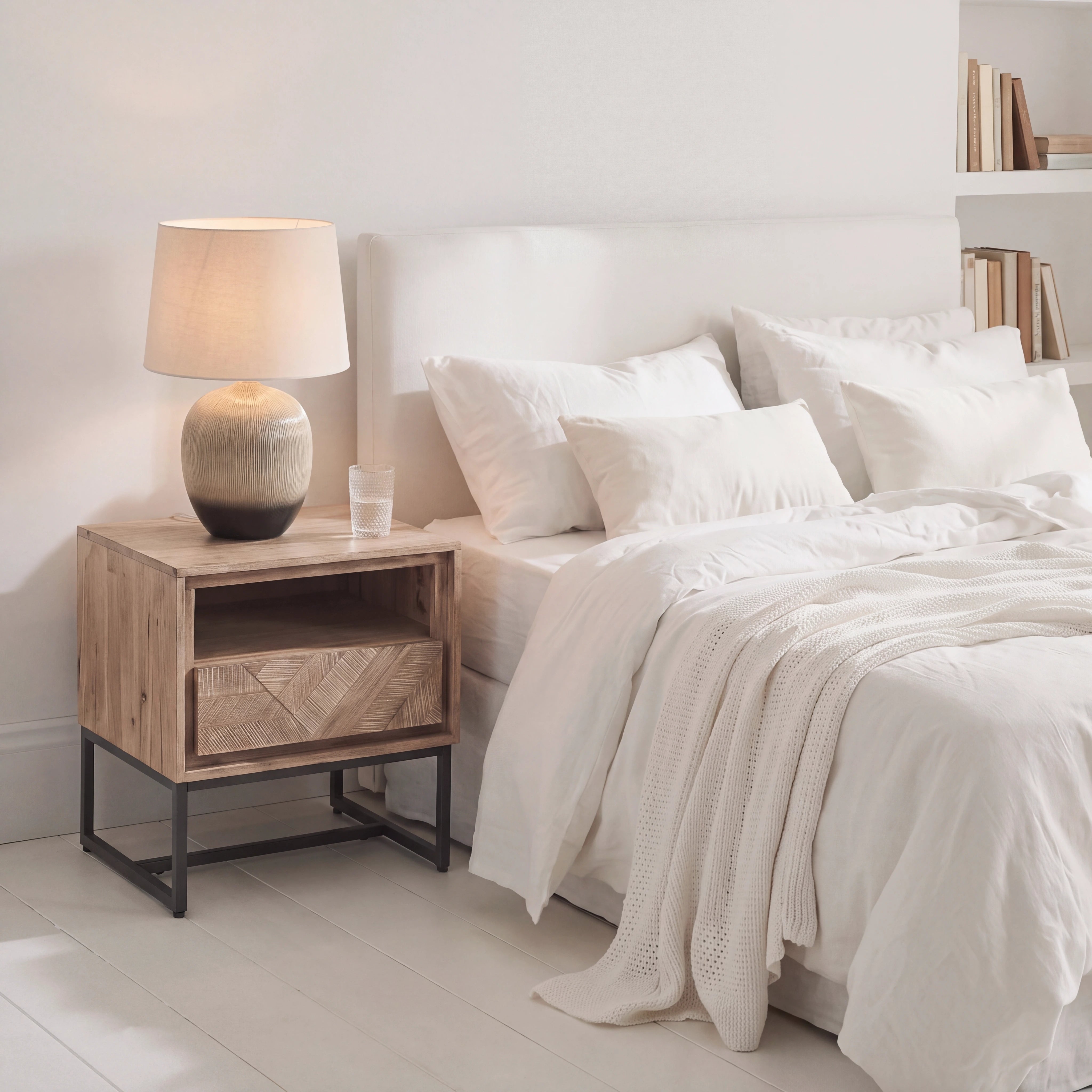 MARCA sand wash acacia wood 1 drawer bedside table with open niche