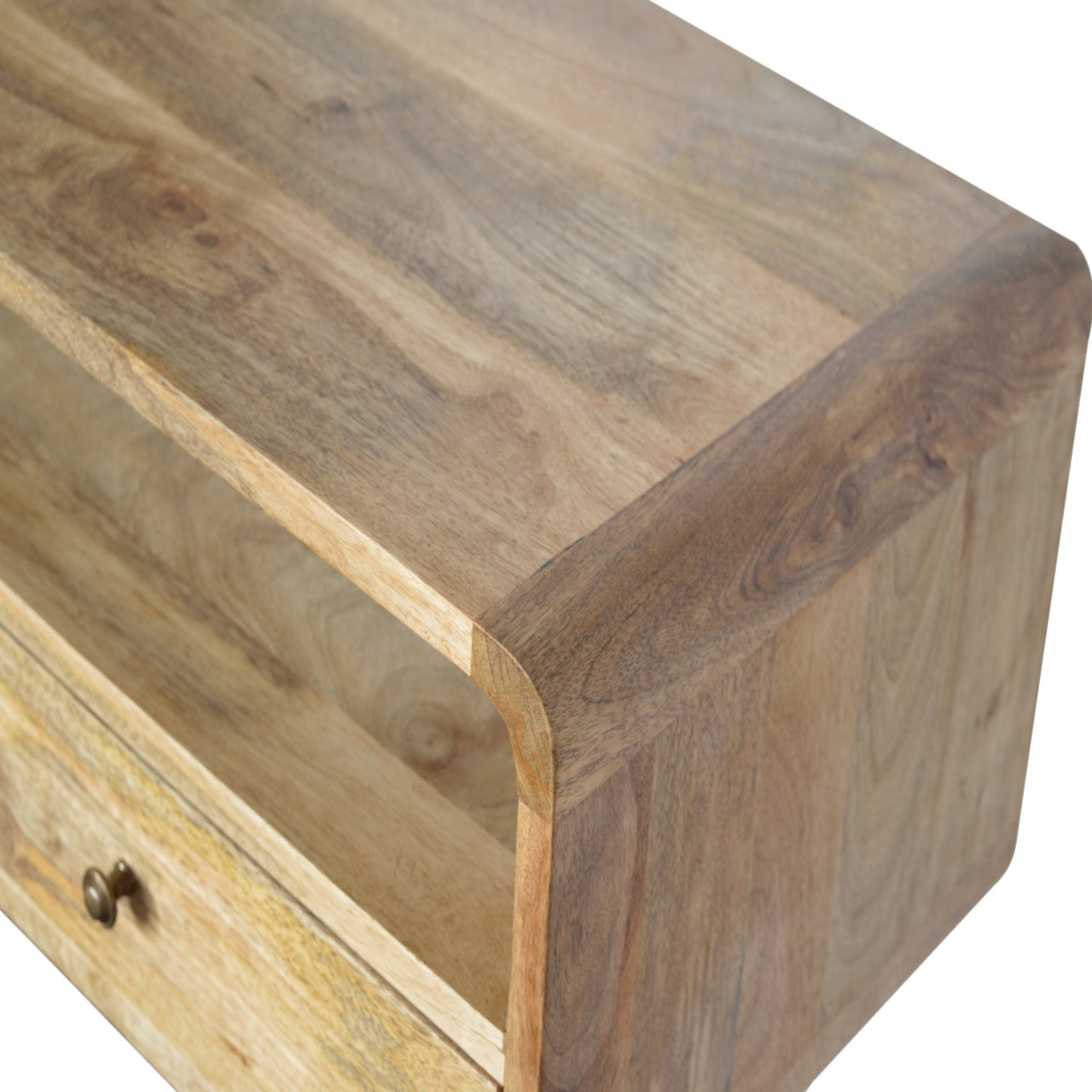 Modal handmade solid wood console table with drawers and open storage shelf in oak-ish finish | malletandplane.com
