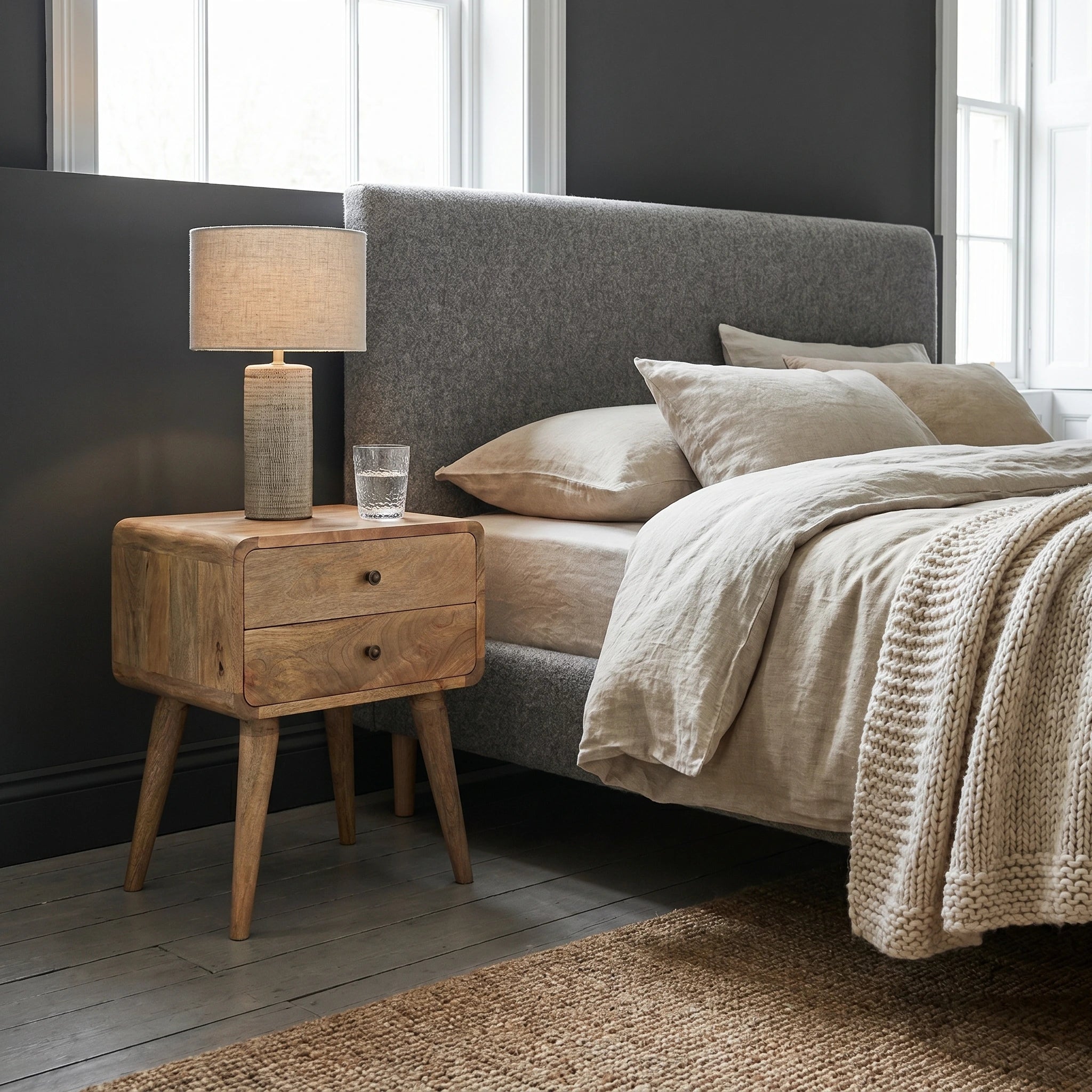 Modal Solid Wood 45cm wide 2 drawer bedside table in Natural Mango Finish