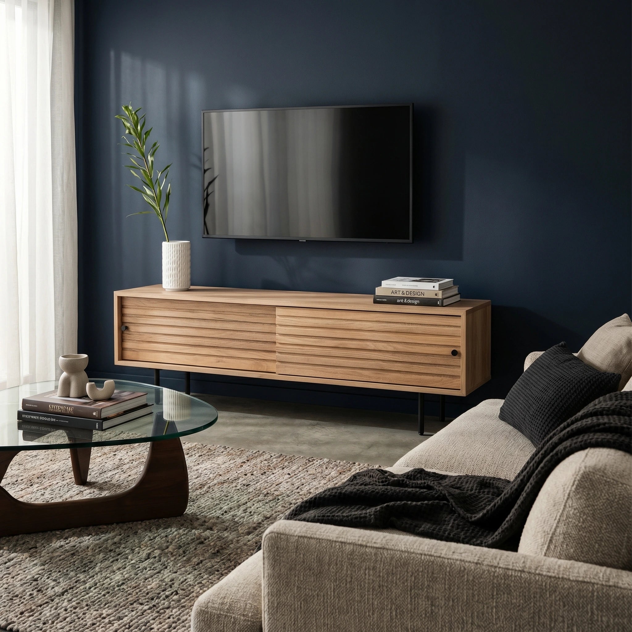 OKAYAMA oak and steel media unit with sliding doors and Japandi slatted detailing