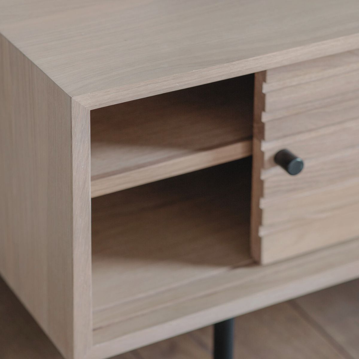 OKAYAMA oak and steel media unit with sliding doors and Japandi slatted detailing | malletandplane.com