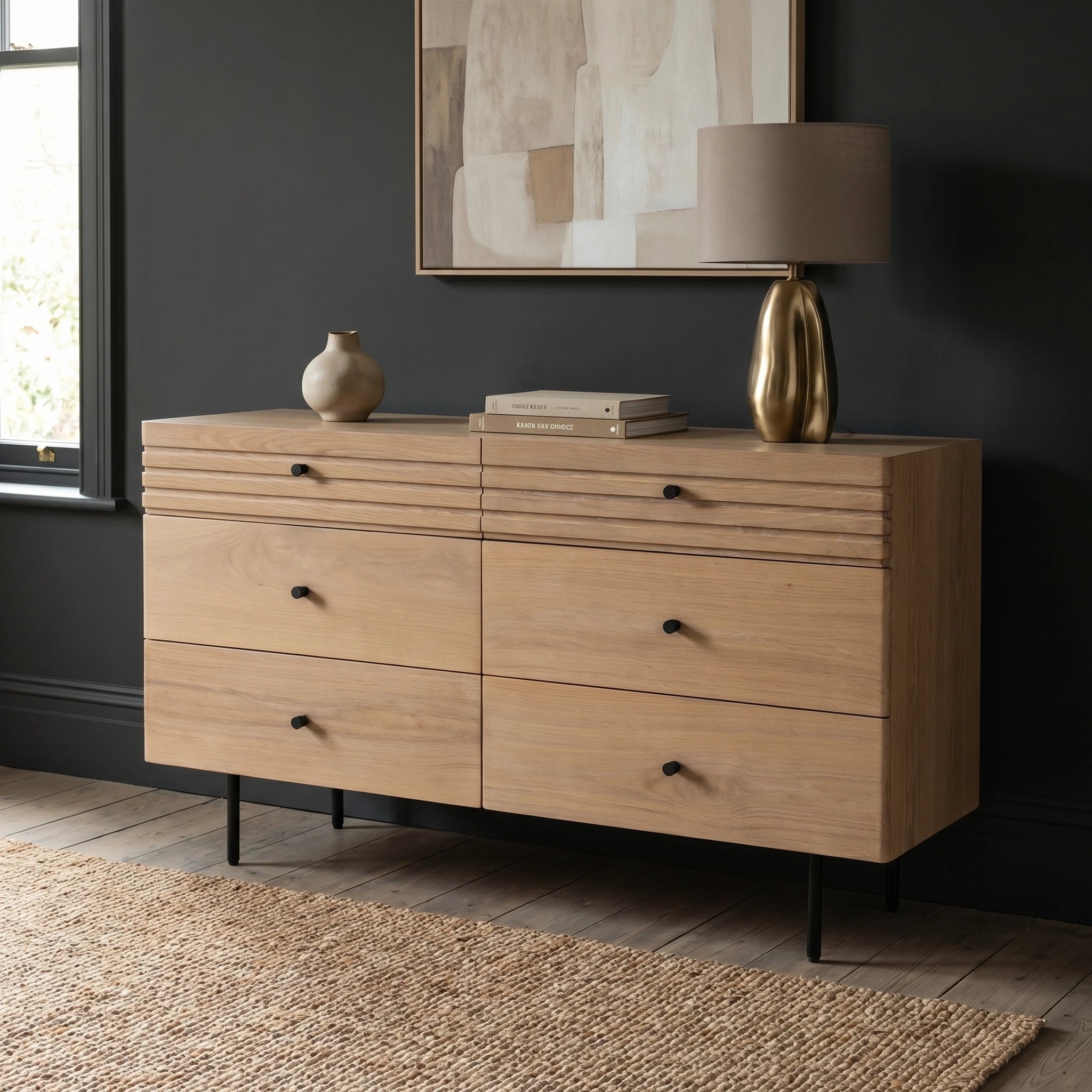 OKAYAMA natural oak chest of 6 Drawers with black metal legs and handles