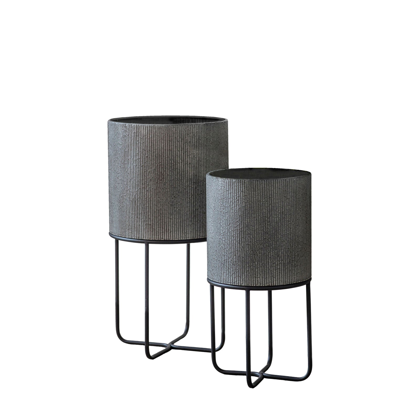 OLIVIA Metal Planter Set of 2 – Grey Ridged Finish with Black Stand | malletandplane.com