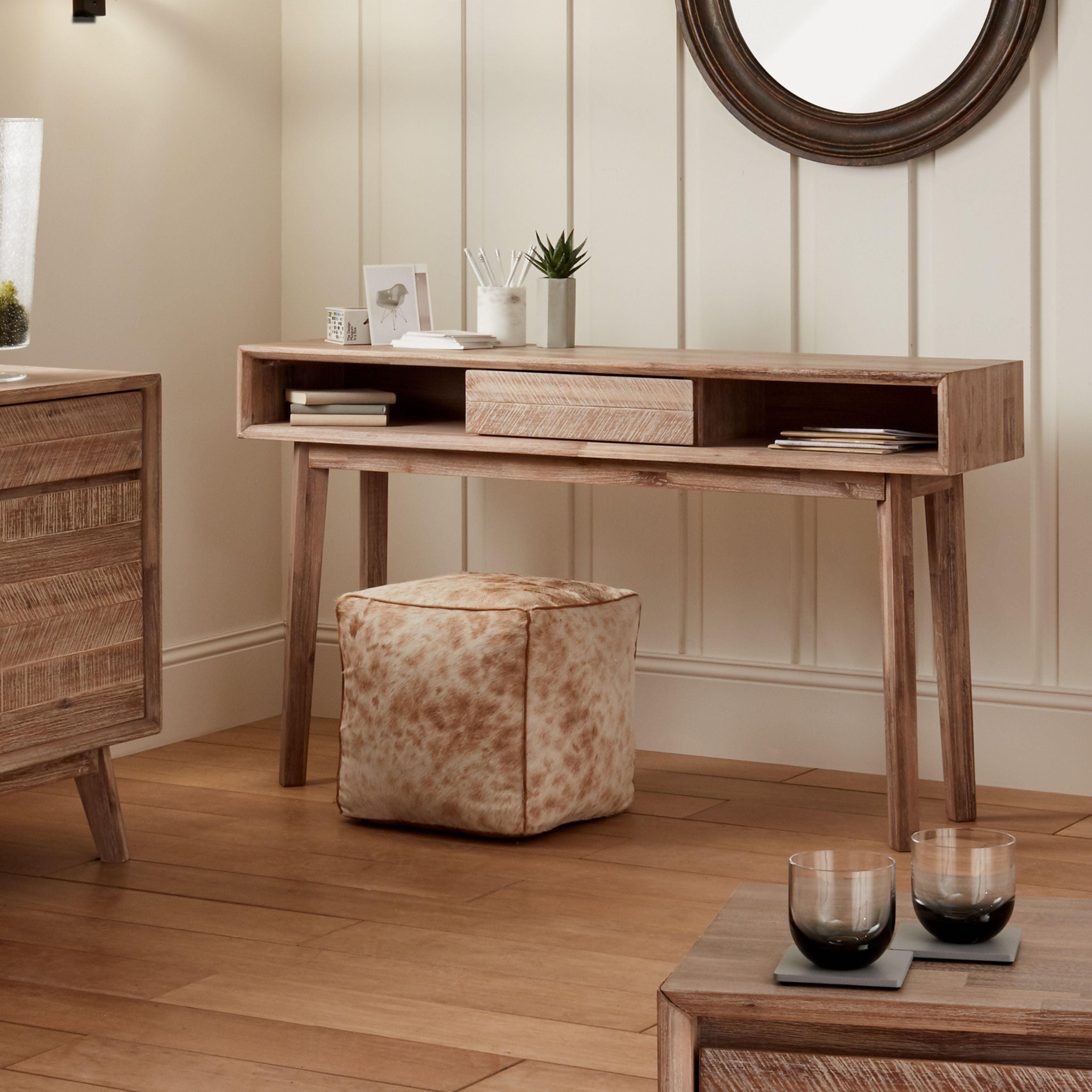 Orsa sand washed solid acacia wood dressing table with 1 drawer and 2 open slots | malletandplane.com