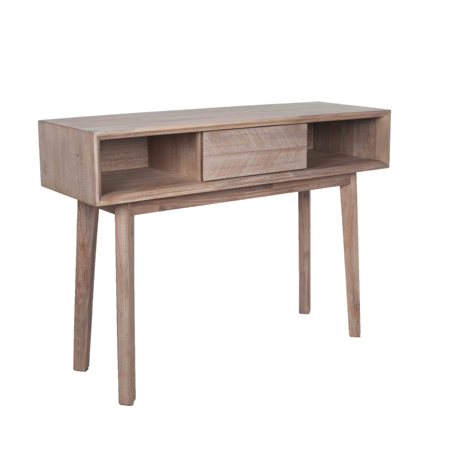 Orsa sand washed solid acacia wood dressing table with 1 drawer and 2 open slots | malletandplane.com