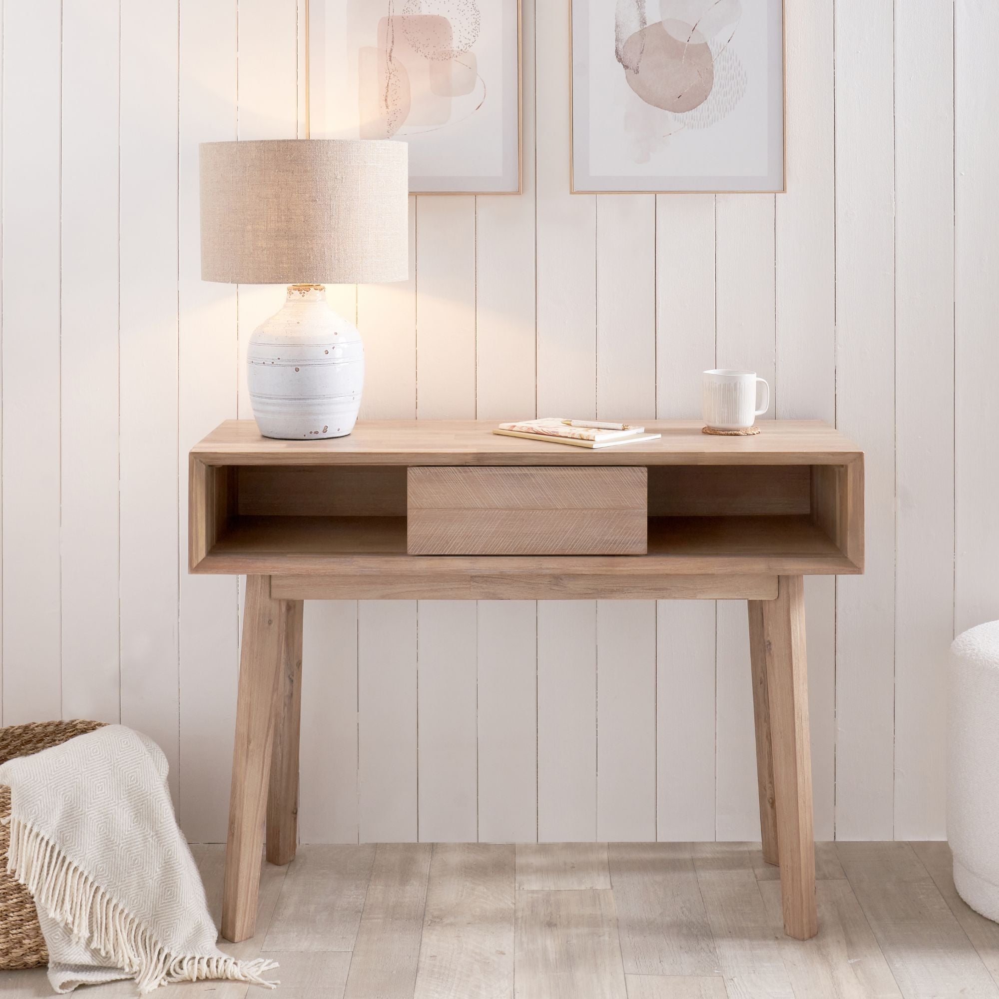 Orsa sand washed solid acacia wood dressing table with 1 drawer and 2 open slots | malletandplane.com