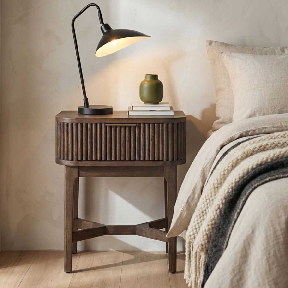 RAIE walnut finished bedside table with ribbed styling and 1 drawer