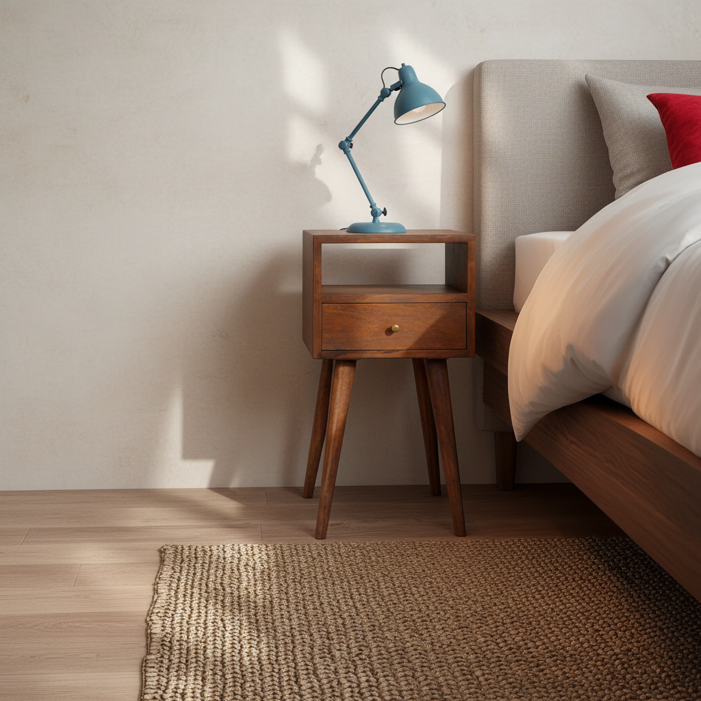 Ronan handmade solid mango wood small bedside table in a deep chestnut finish | malletandplane.com