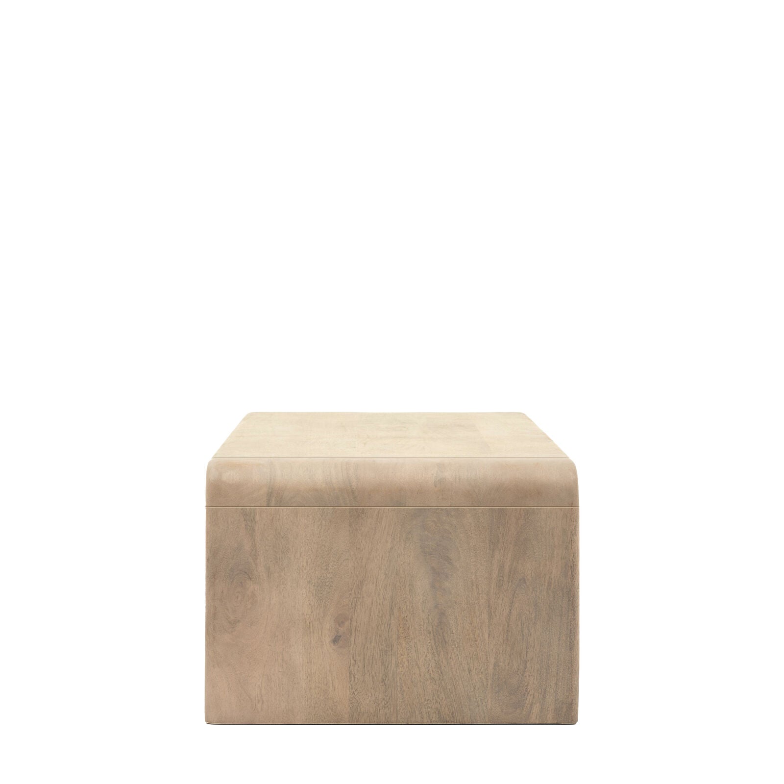 Rocca mango coffee table with curved edges, fluted drawer front and brushed brass hardware | malletandplane.com