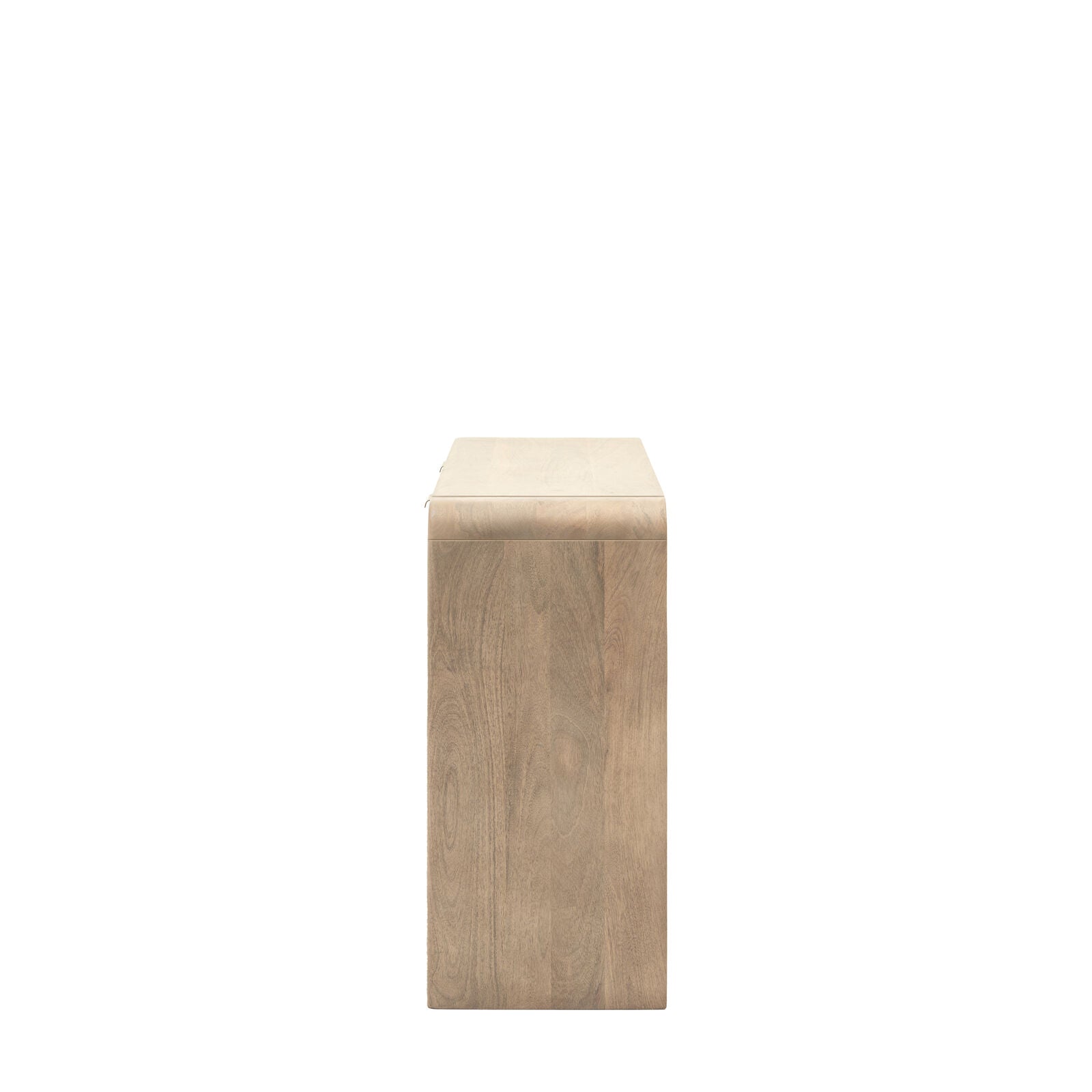 Rocca modern mango wood console table with curved edges and fluted drawers with brass hardware | malletandplane.com
