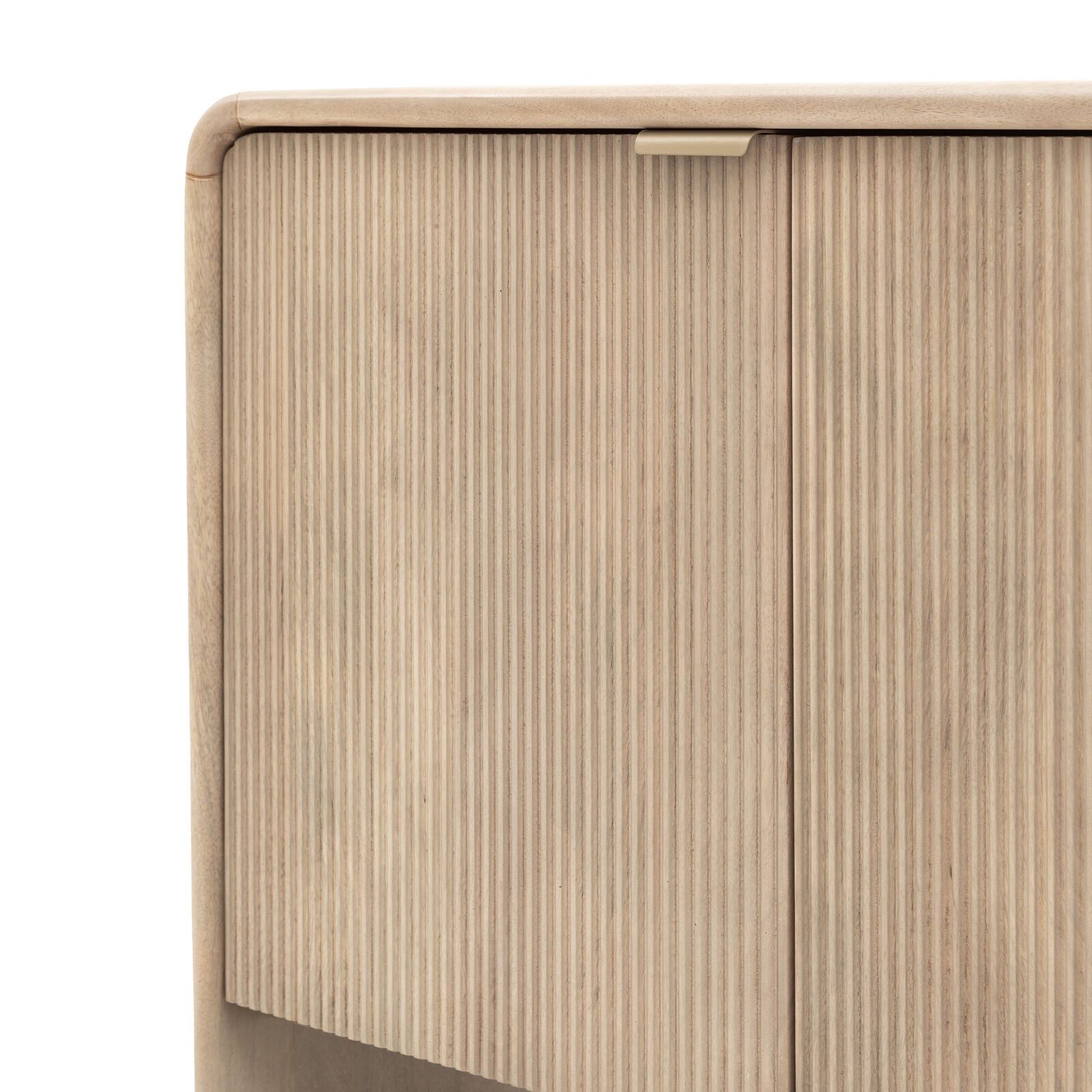 Rocca mango 3 door sideboard with fluted door fronts, curved edges and brushed brass hardware | malletandplane.com
