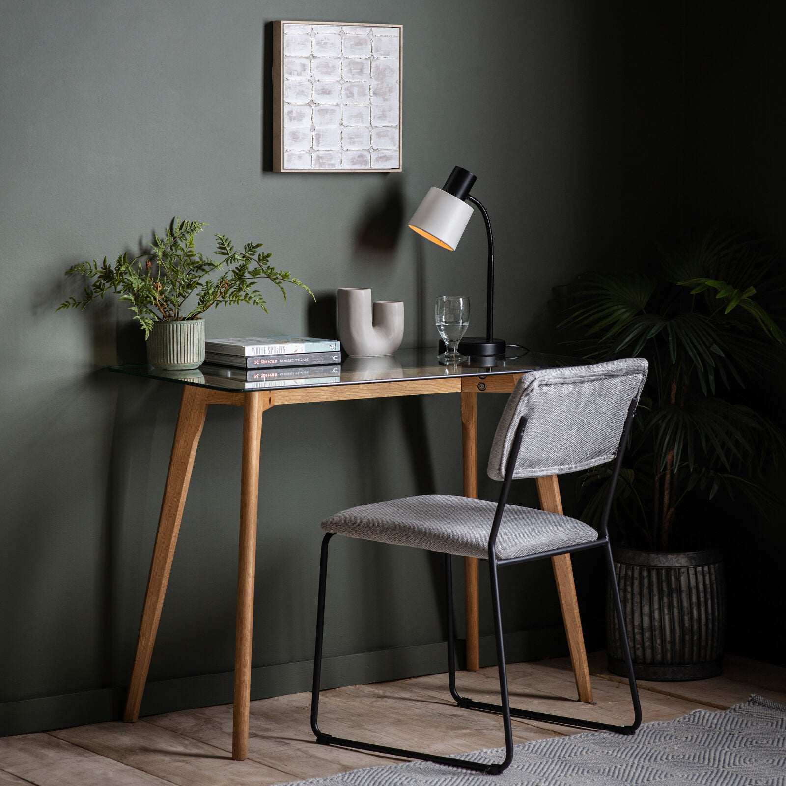 Shelton glass topped contemporary style desk with oak base | malletandplane.com