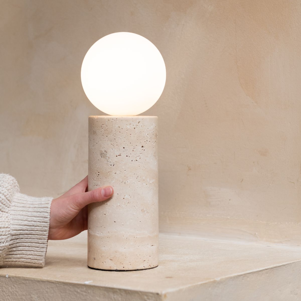 TIVOLI White Travertine Table Lamp with Glass Globe