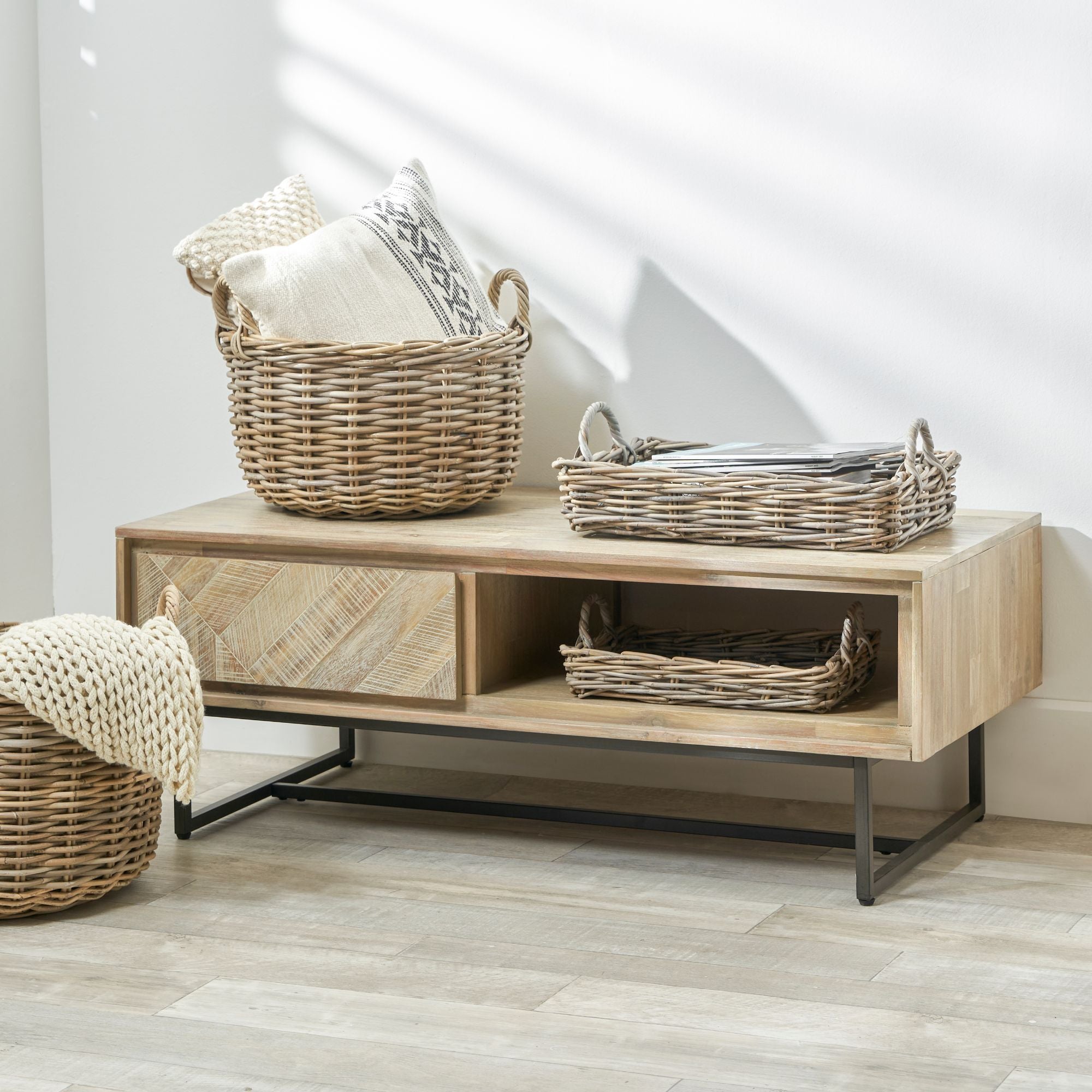 TORVIK sand washed acacia wood coffee table with 2 drawers and open slot | malletandplane.com