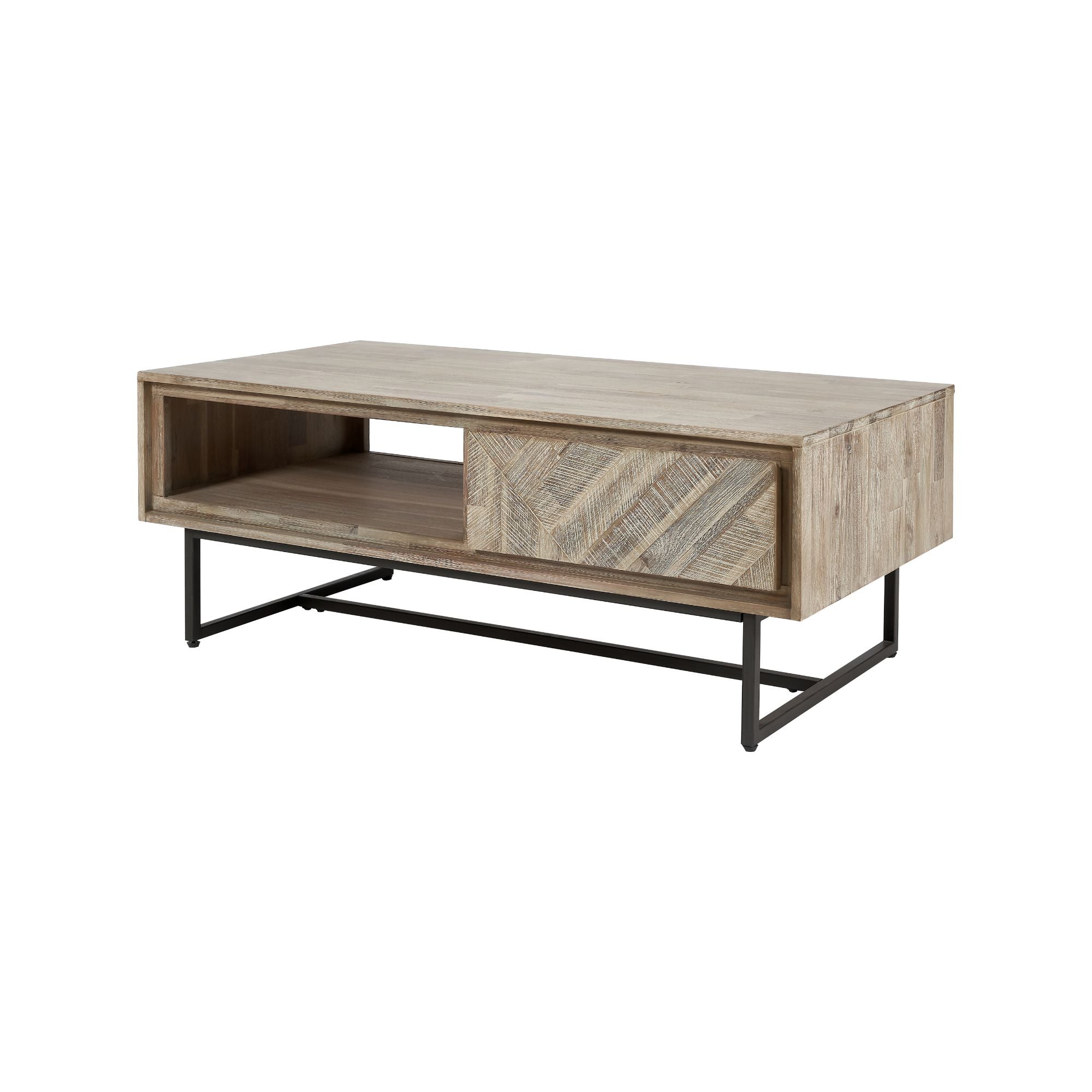 TORVIK sand washed acacia wood coffee table with 2 drawers and open slot | malletandplane.com