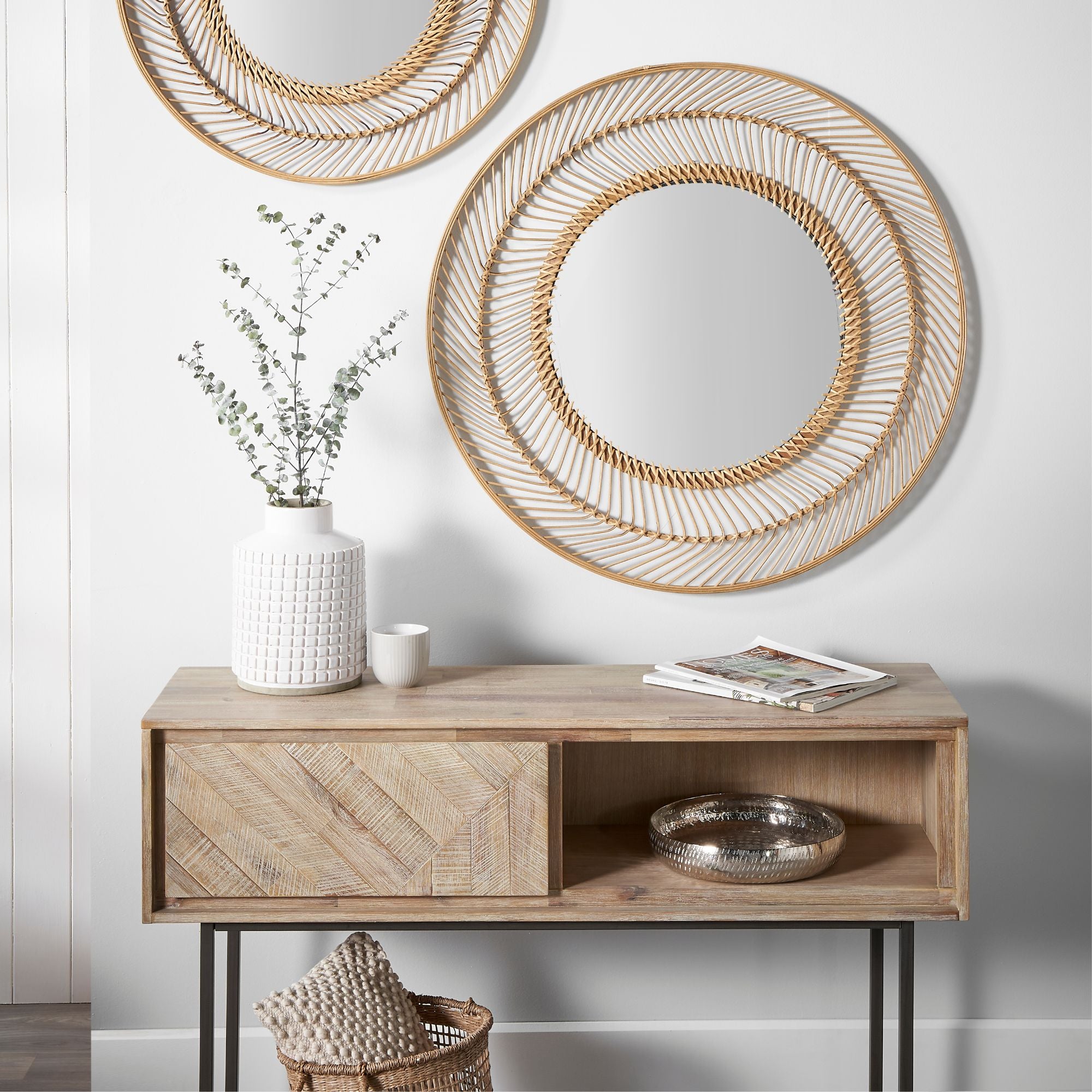 Torvik sand washed solid acacia wood console table with 1 drawer and 1 open niche | malletandplane.com