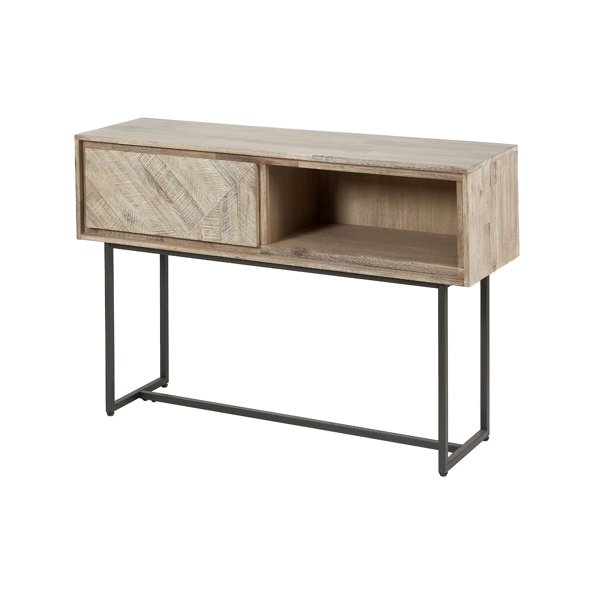 Torvik sand washed solid acacia wood console table with 1 drawer and 1 open niche | malletandplane.com