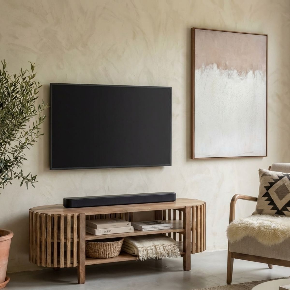 Voss solid wood slatted TV stand with open storage