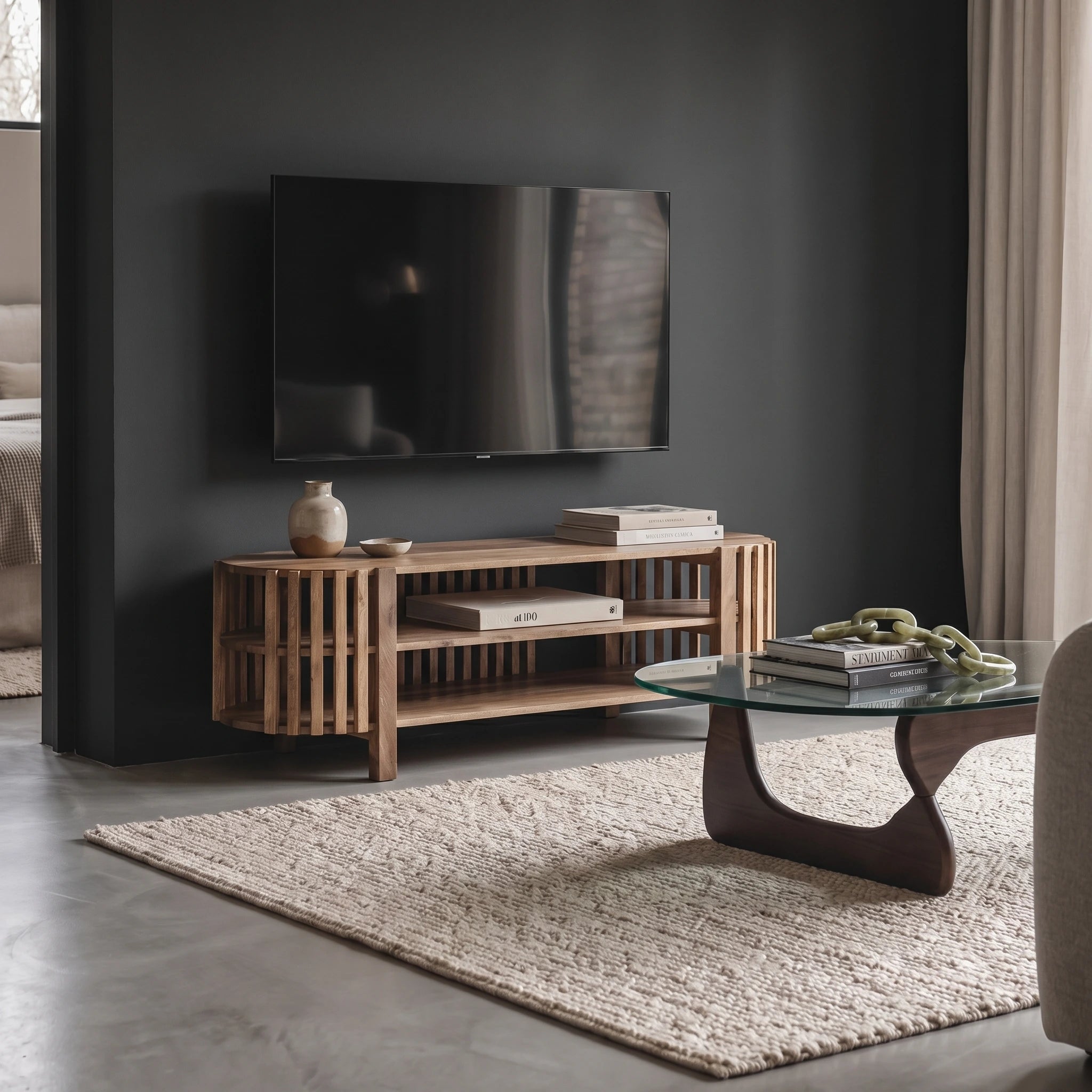 Voss solid wood slatted TV stand with open storage